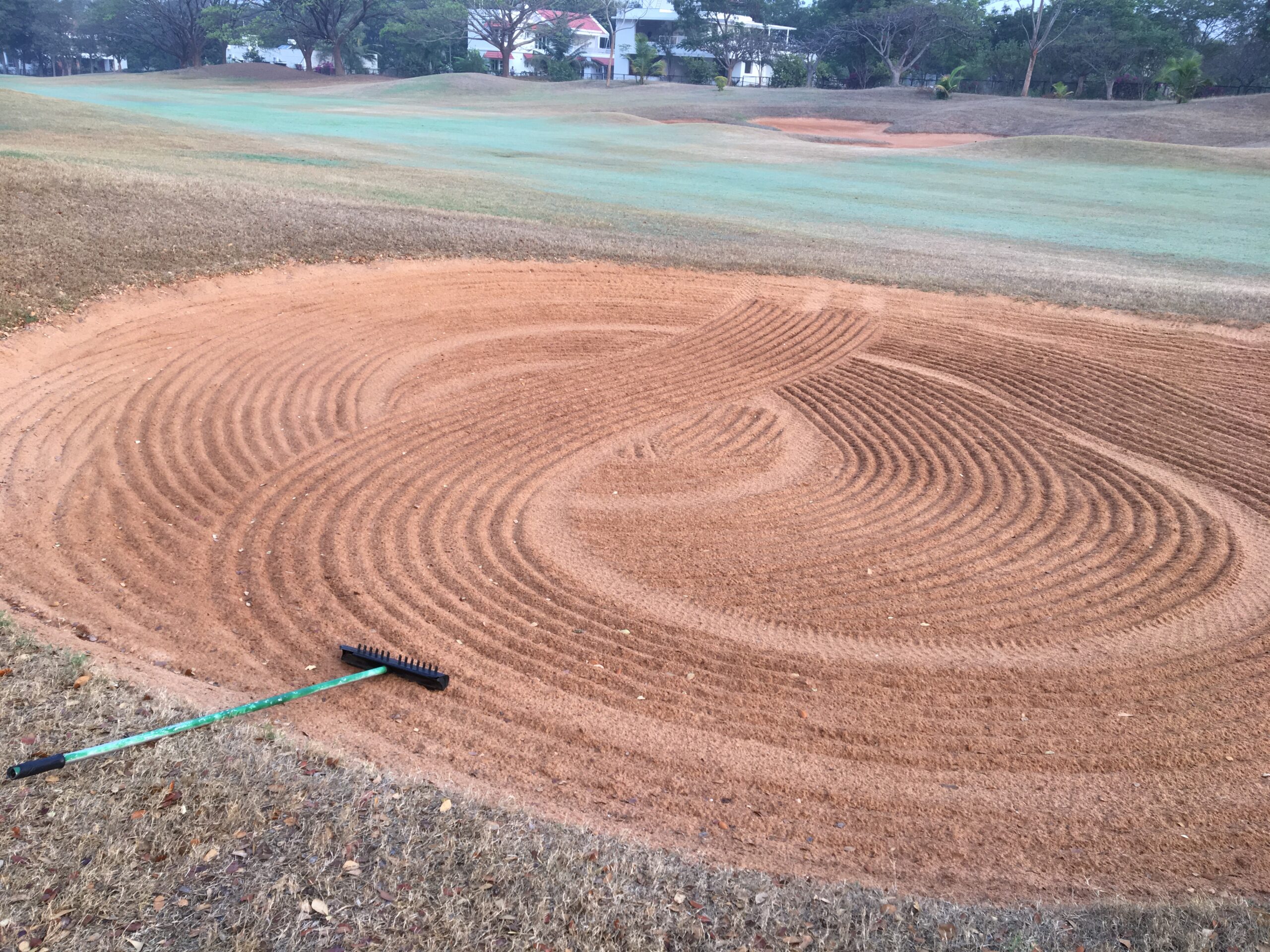 Raked sand bunker with concentric circles, a visual metaphor for attention and focus.